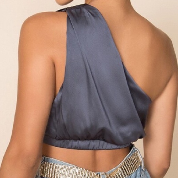 Super down Eileen Blue Satin Crop Top One Shoulder - Picture 2 of 8